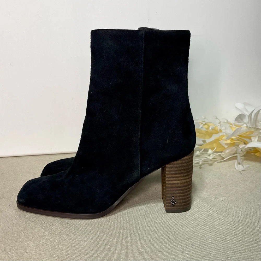 Sam Edelman Osten Black Suede Leather Stacked Heel Mid Calf Boots Shoes 8 - Picture 5 of 15